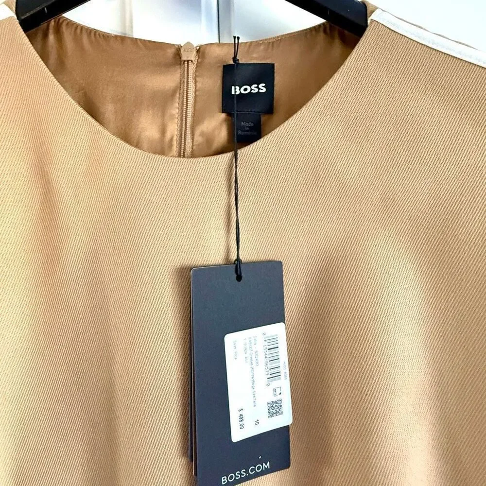 NWT BOSS “Détira” wool blend midi sheath dress in beige and cream Size 10